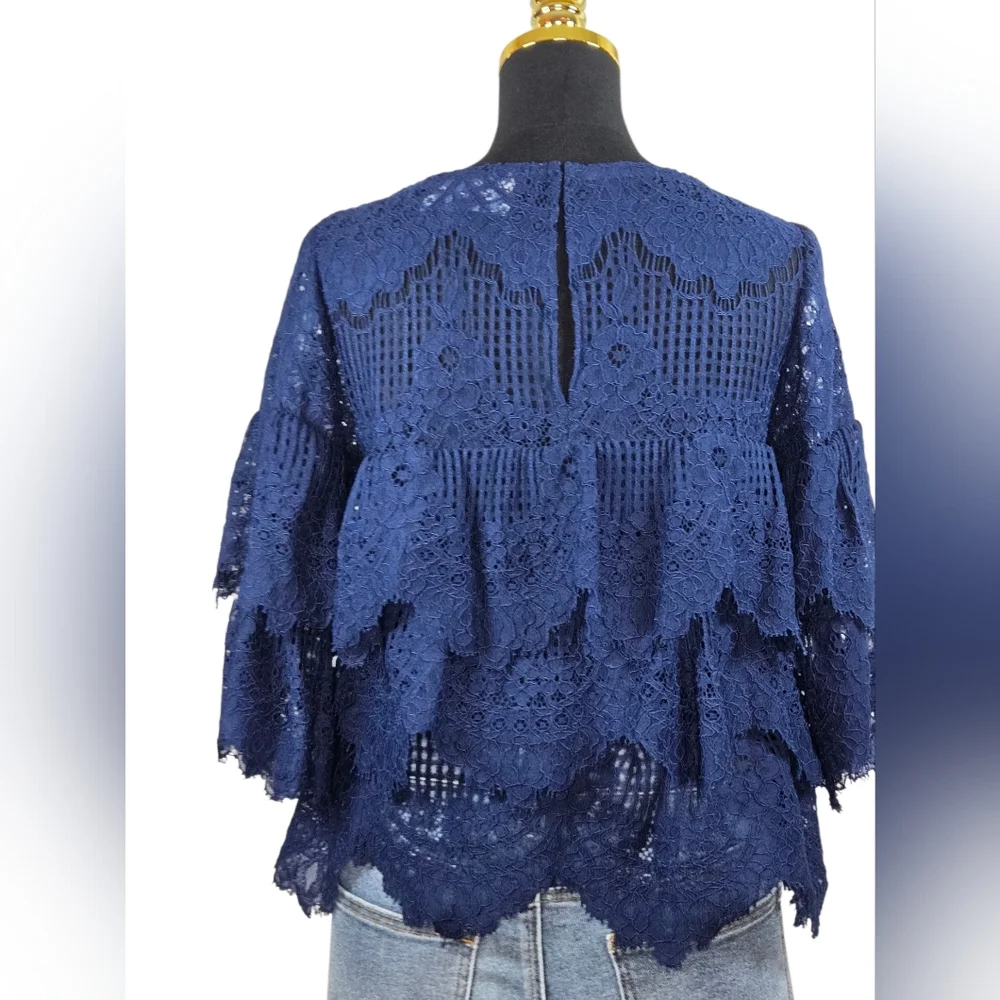 Elena Antoniades London Navy Blue Lace Tiered Blouse M | Floral Crochet Top